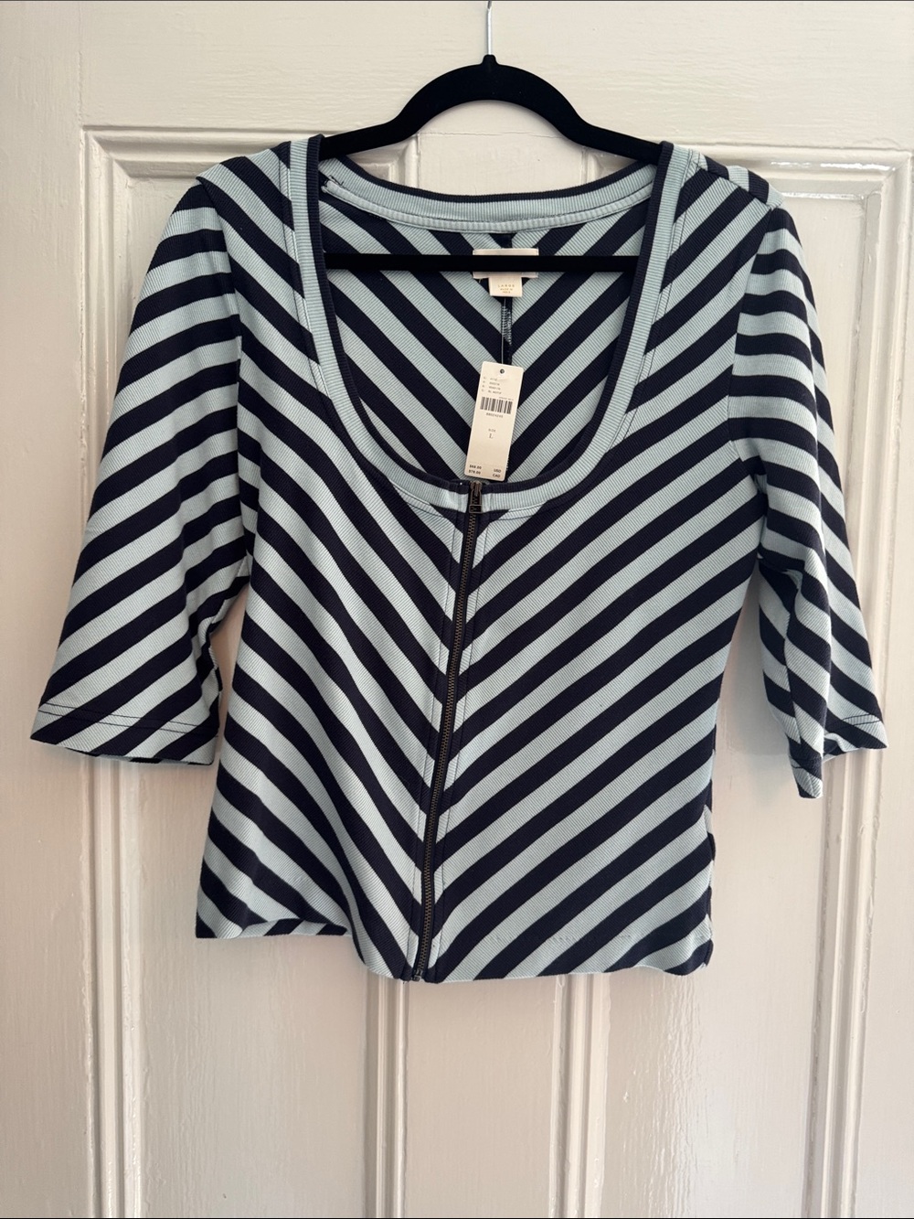 Maeve Black and Light Blue Diagonal Stripe Zip-Front Top